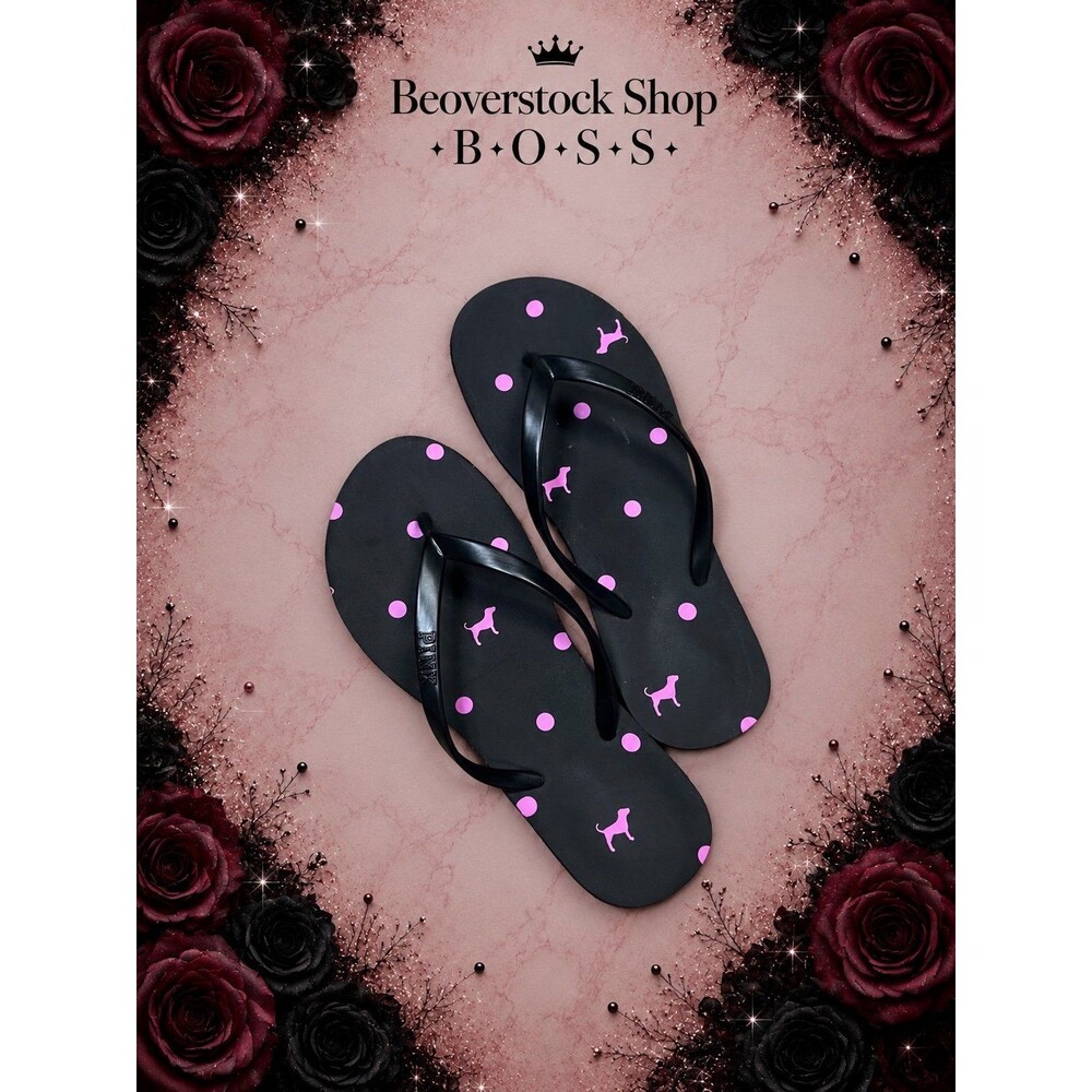New NWOT Victoria’s Secret PINK Black & Pink Dog Logo Flip Flops – Size 5/6